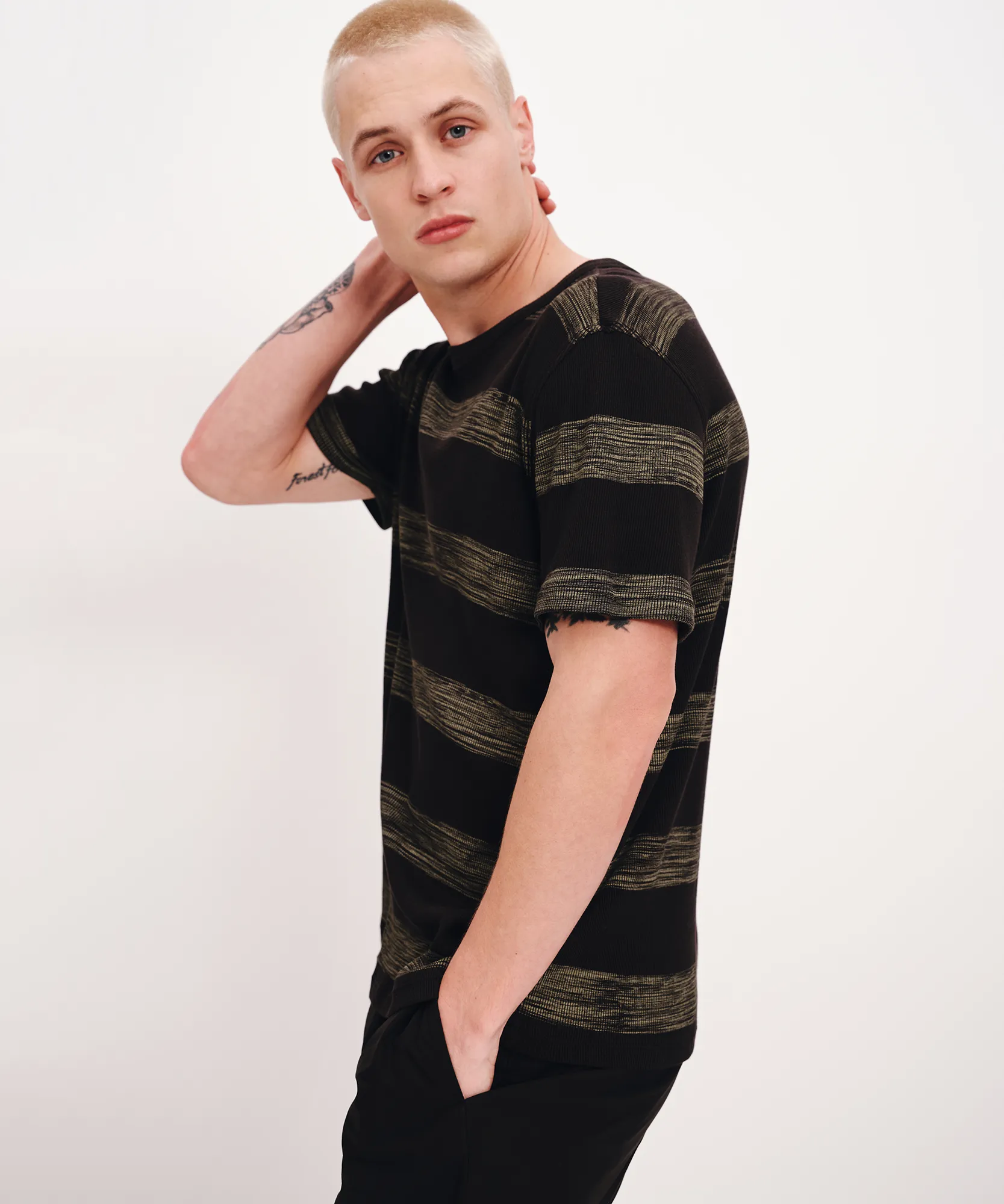 2X1 Rib with Sunbleached Stripe Short Sleeve Crew Neck Tee - Black