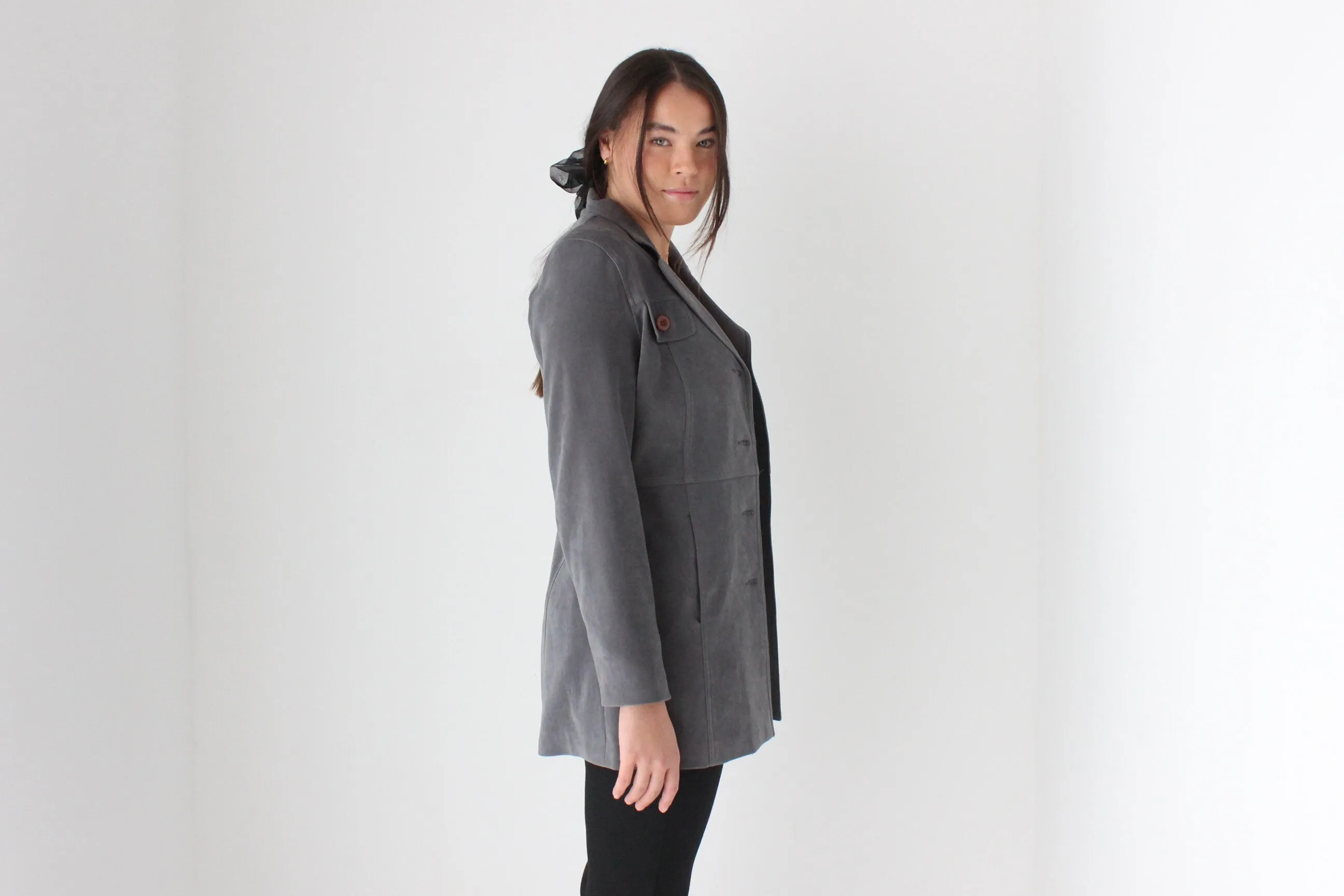 90s Grey Microsuede Button Front Jacket