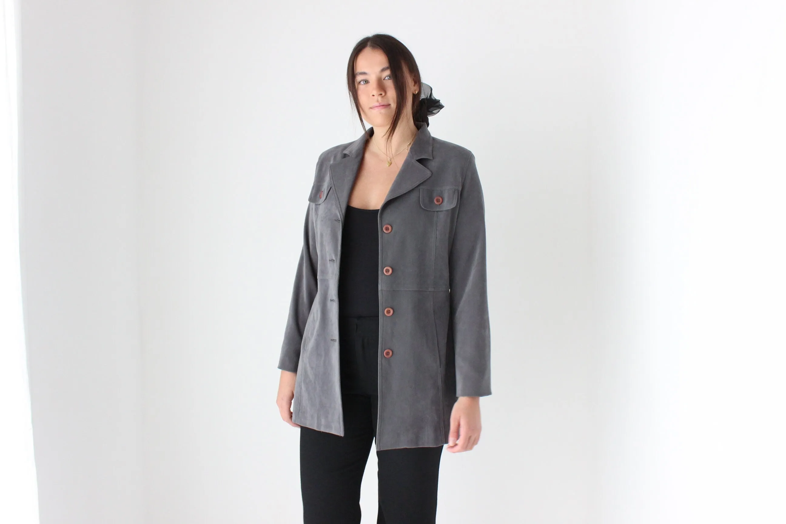 90s Grey Microsuede Button Front Jacket