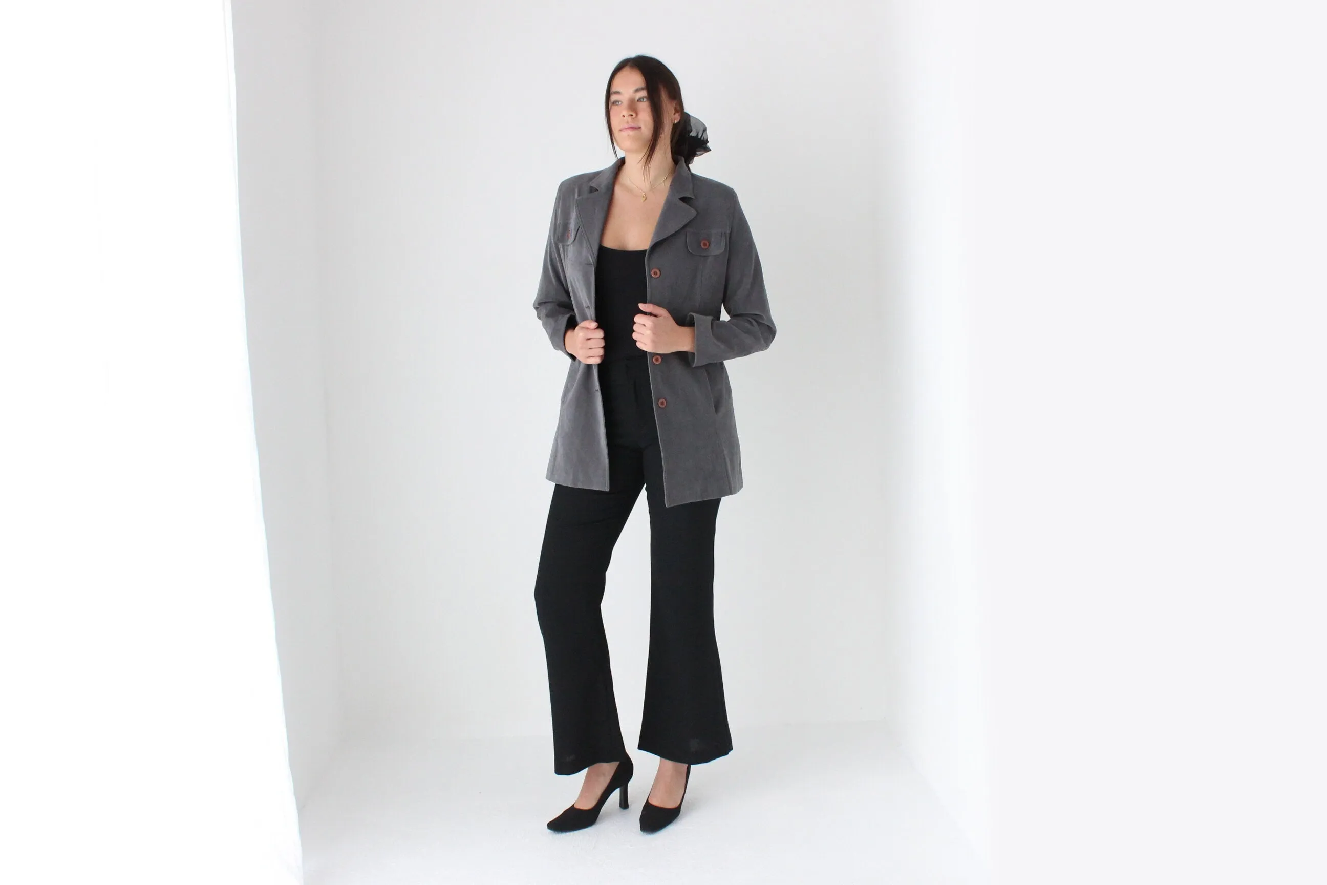 90s Grey Microsuede Button Front Jacket