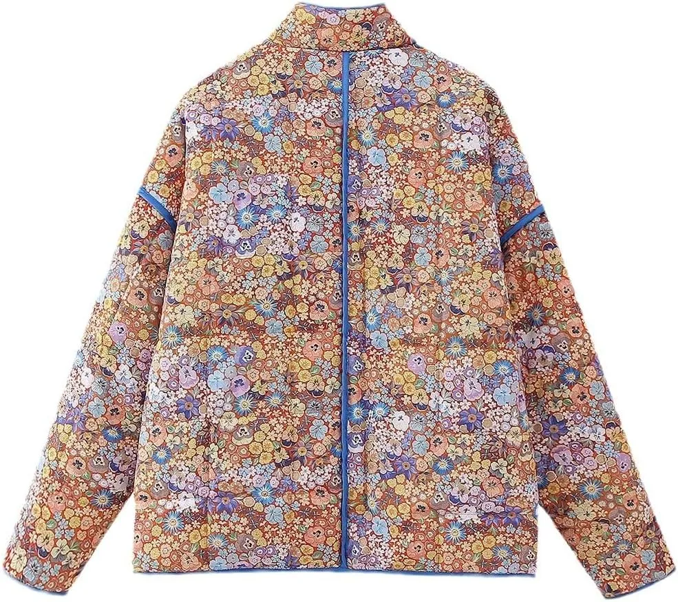 Aesthetic Puffer Jackets for Women Y2K Coquette Floral Patterned Coat Button Up Warm Outerwear Kawaii Long Sleeve Top