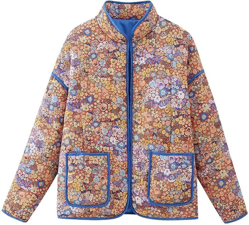 Aesthetic Puffer Jackets for Women Y2K Coquette Floral Patterned Coat Button Up Warm Outerwear Kawaii Long Sleeve Top
