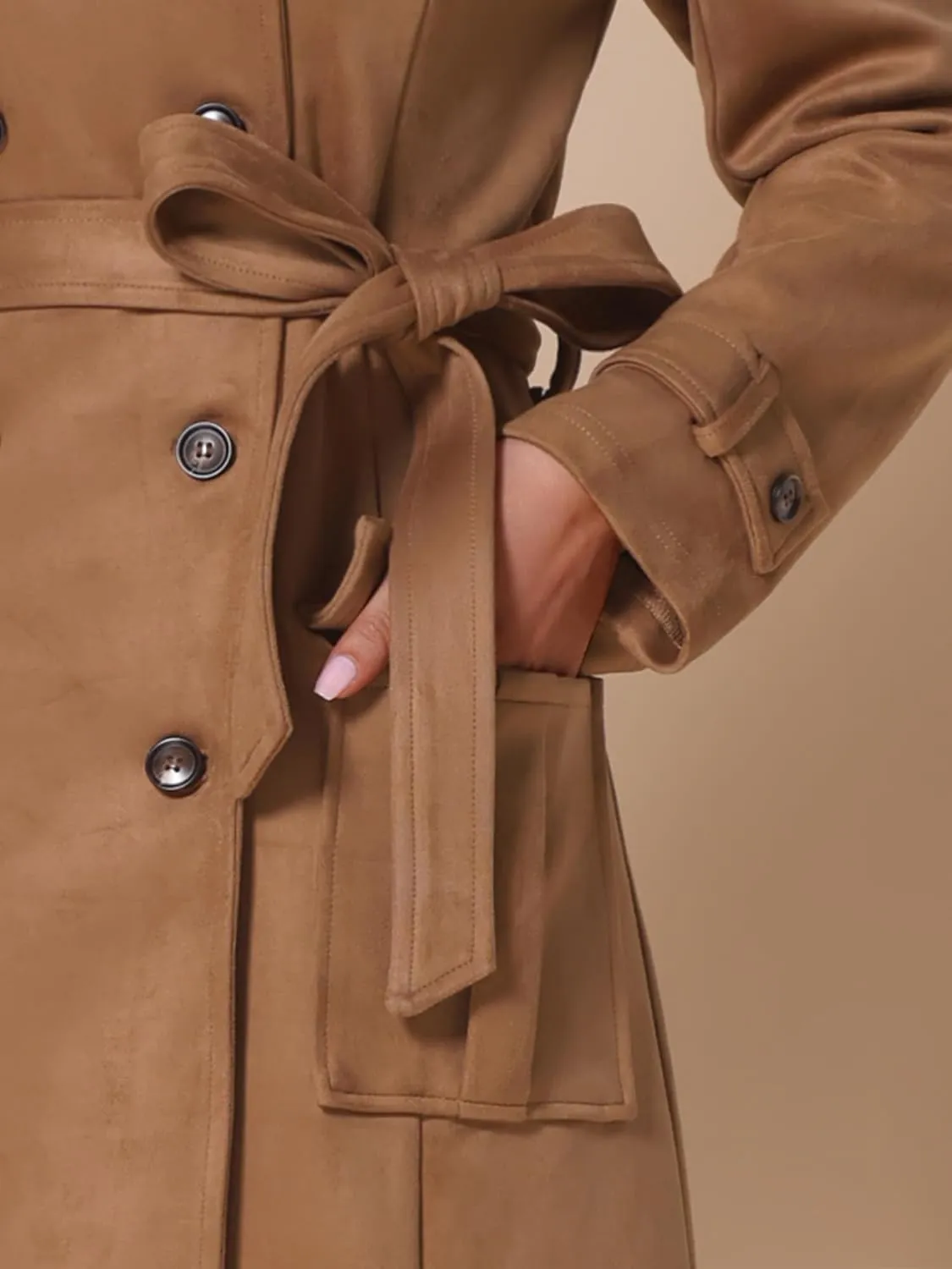 Allegra K Faux Suede Trench Coat for Women's Notched Lapel Double Breasted Belted Long Sleeve Coats