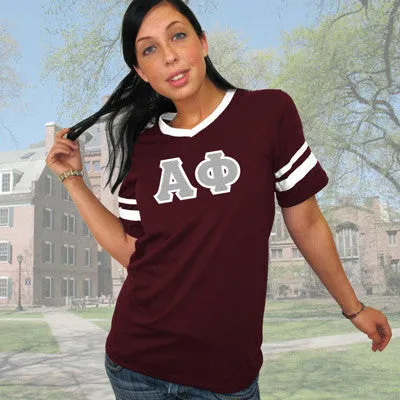 Alpha Phi V-Neck Jersey with Striped Sleeves - 360 - TWILL