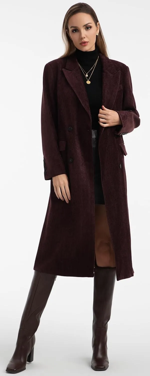 Babalet Women Winter Coat Lapel Double Breasted Long Pea Coat Casual Work Office Overcoat