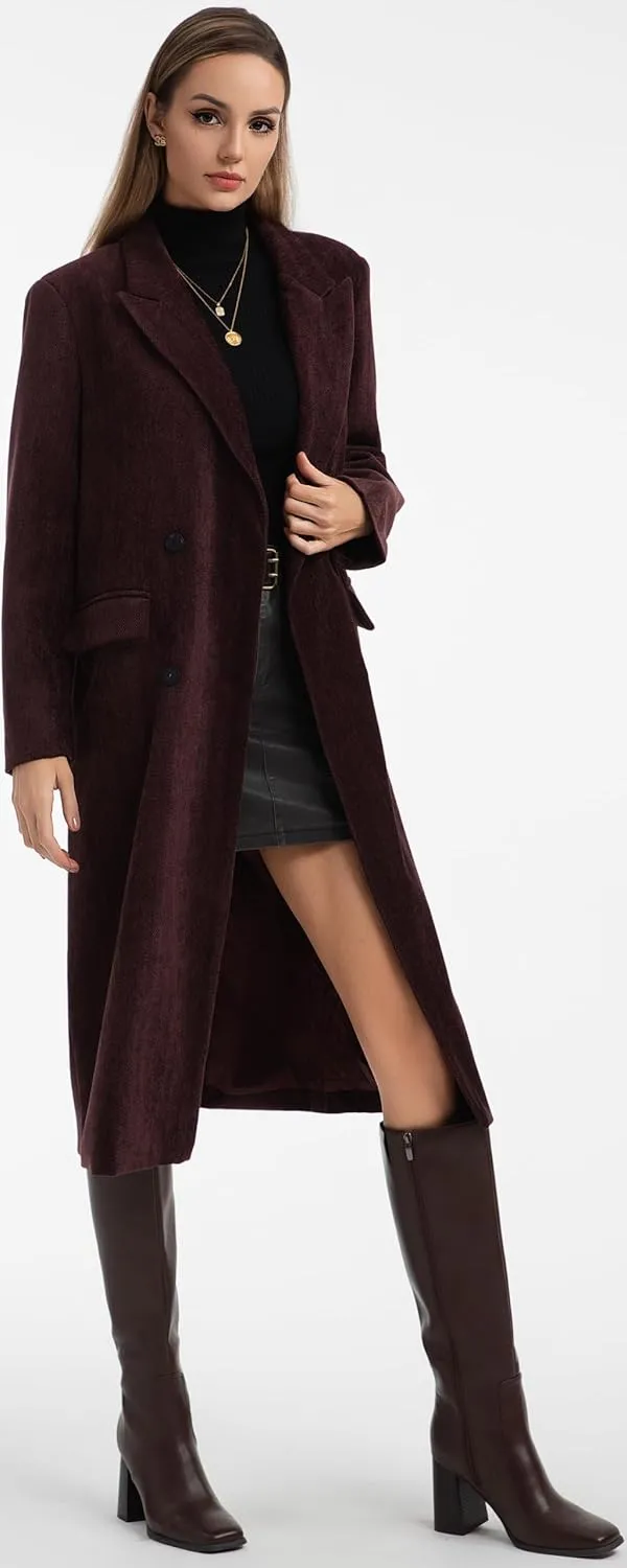 Babalet Women Winter Coat Lapel Double Breasted Long Pea Coat Casual Work Office Overcoat