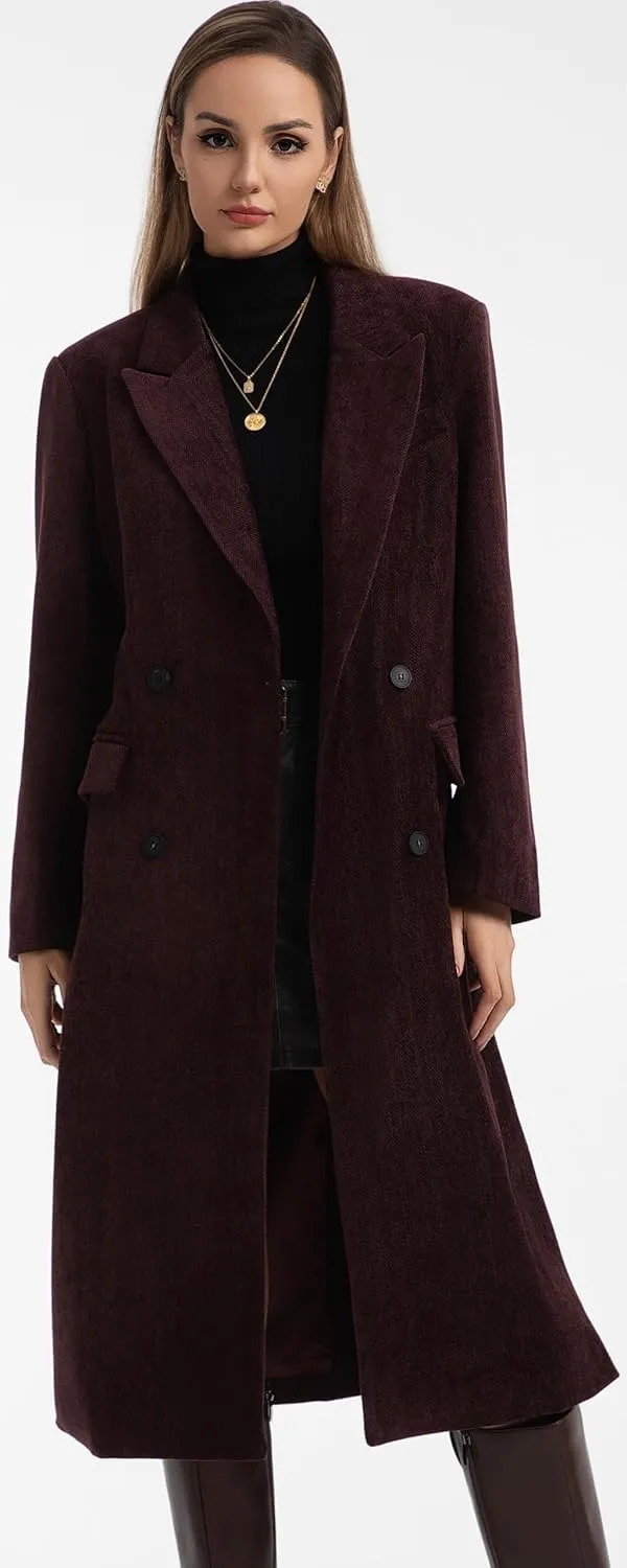 Babalet Women Winter Coat Lapel Double Breasted Long Pea Coat Casual Work Office Overcoat