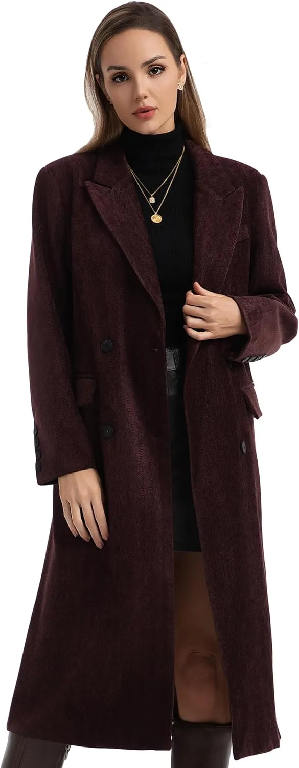Babalet Women Winter Coat Lapel Double Breasted Long Pea Coat Casual Work Office Overcoat