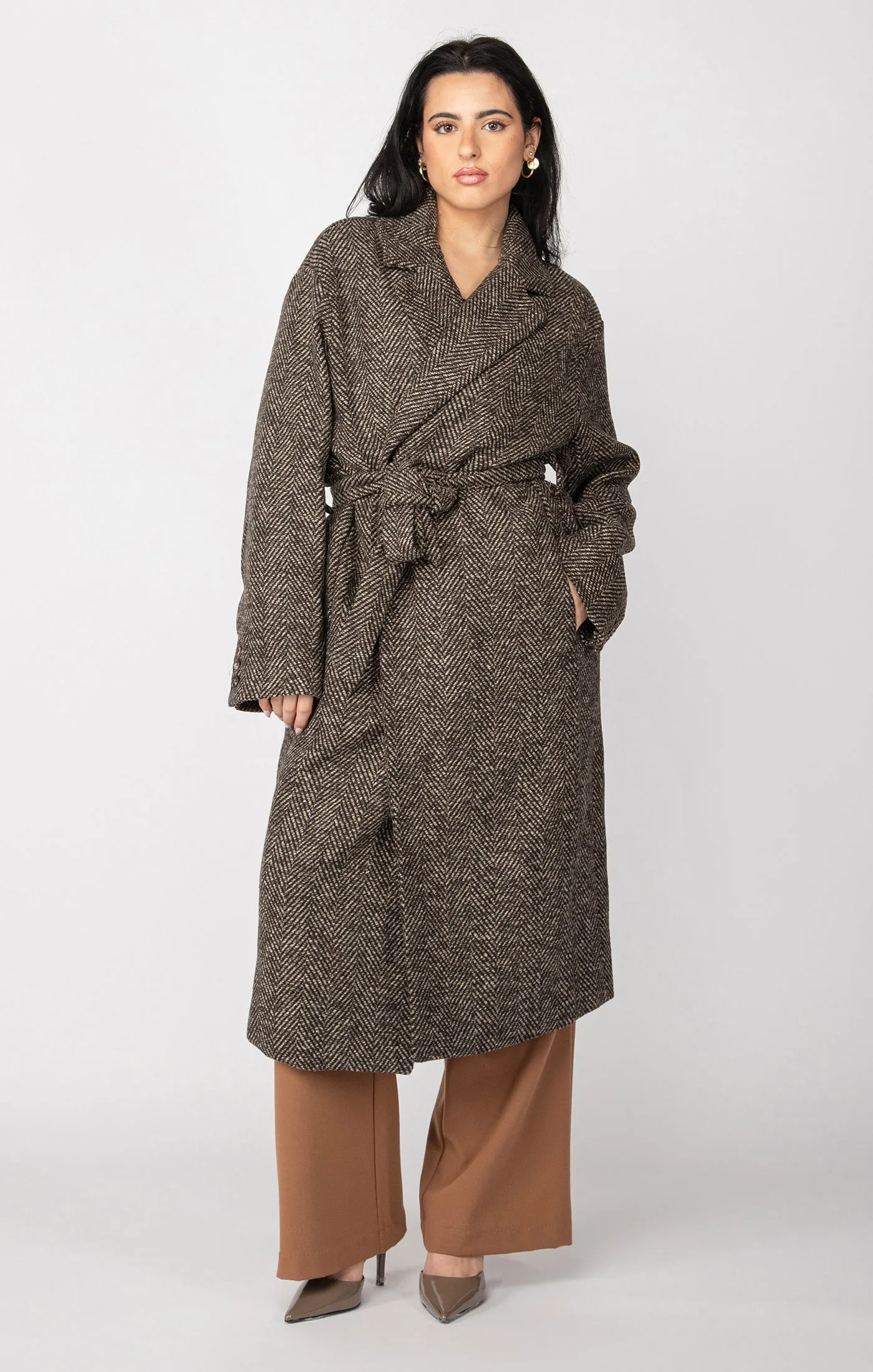 Belted Herringbone Coat | Neutral Herringbone