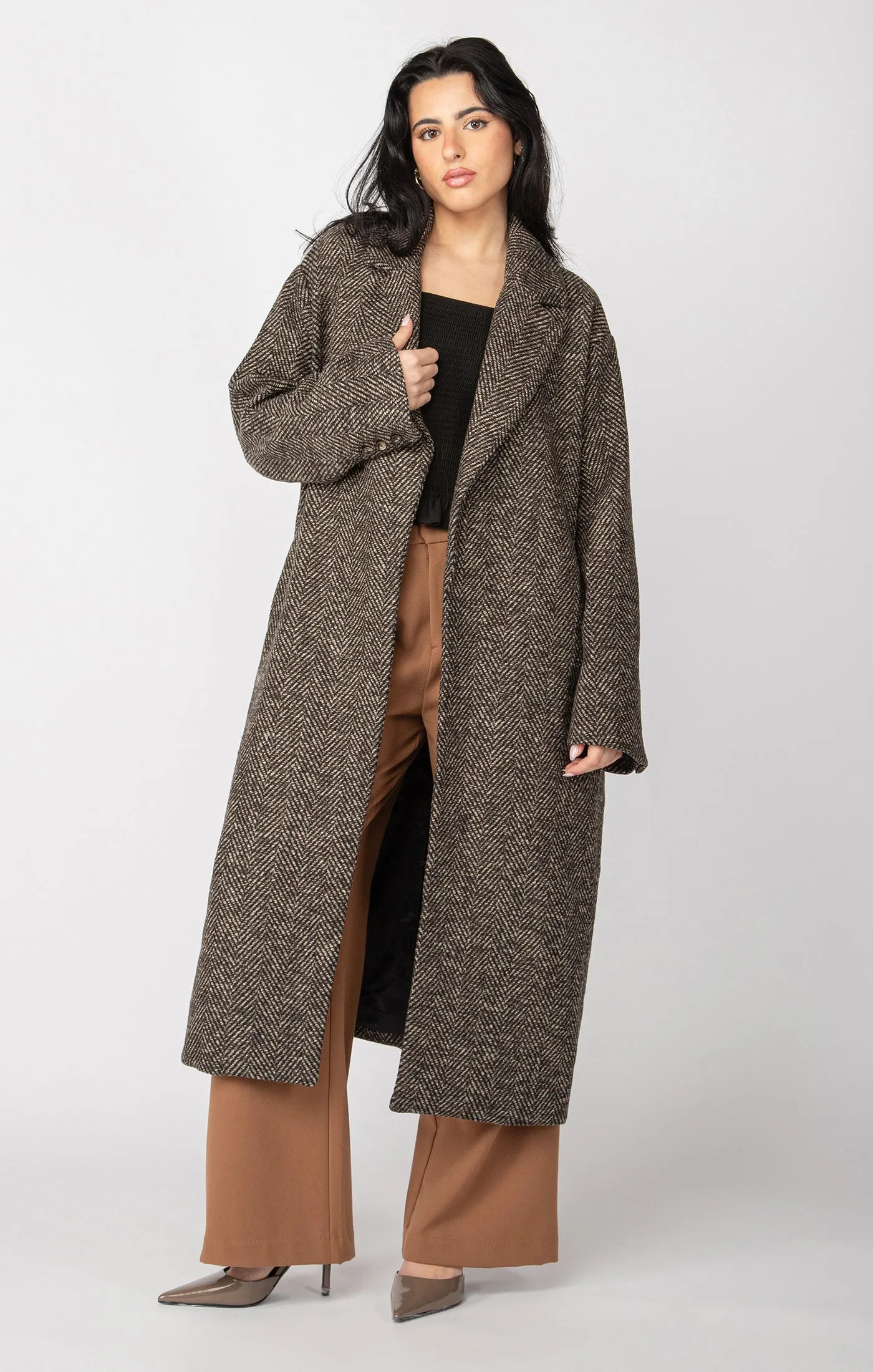 Belted Herringbone Coat | Neutral Herringbone