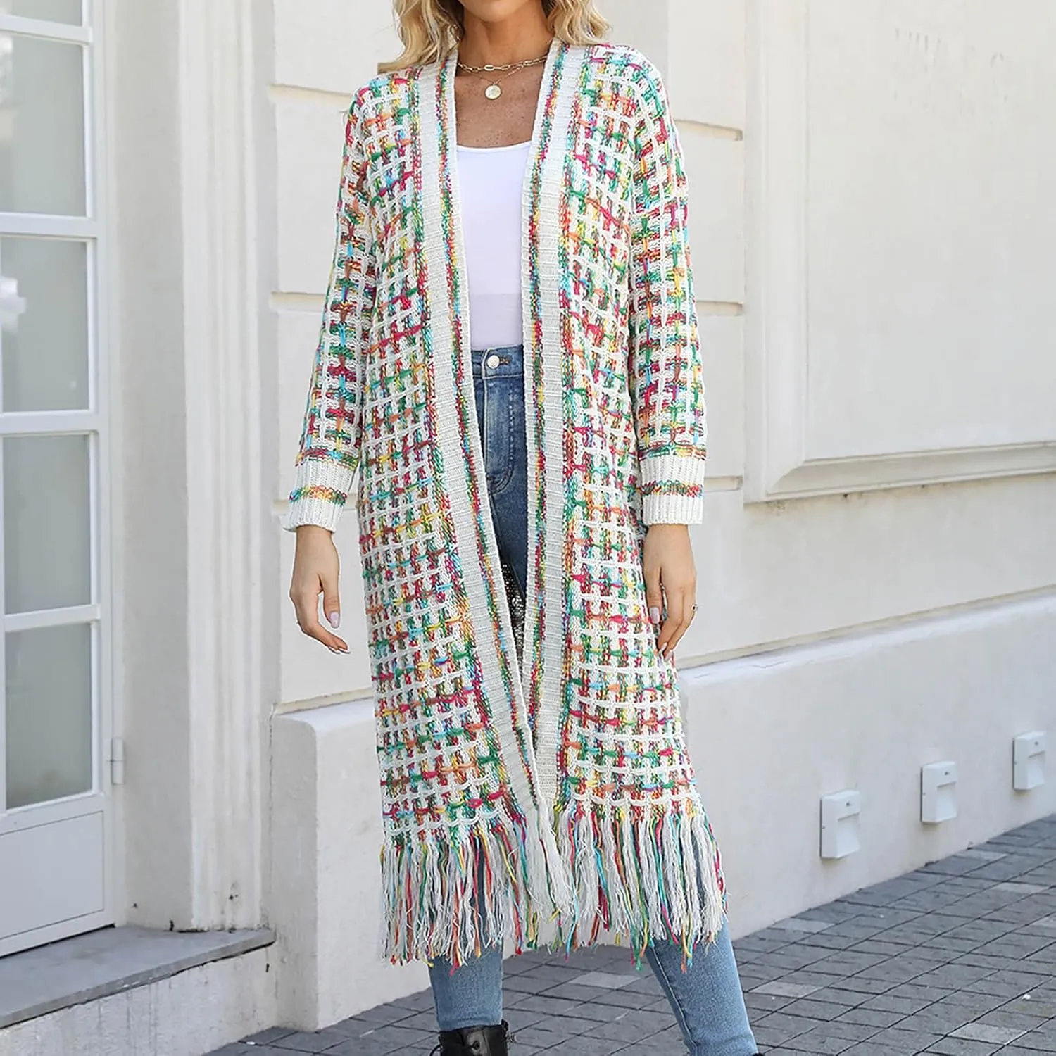 Boho Maxi Cardigan Sweater for Women Fringed Hem Open Front Rainbow Knitted Outwear Vintage Elegant Flowy Warm Coat