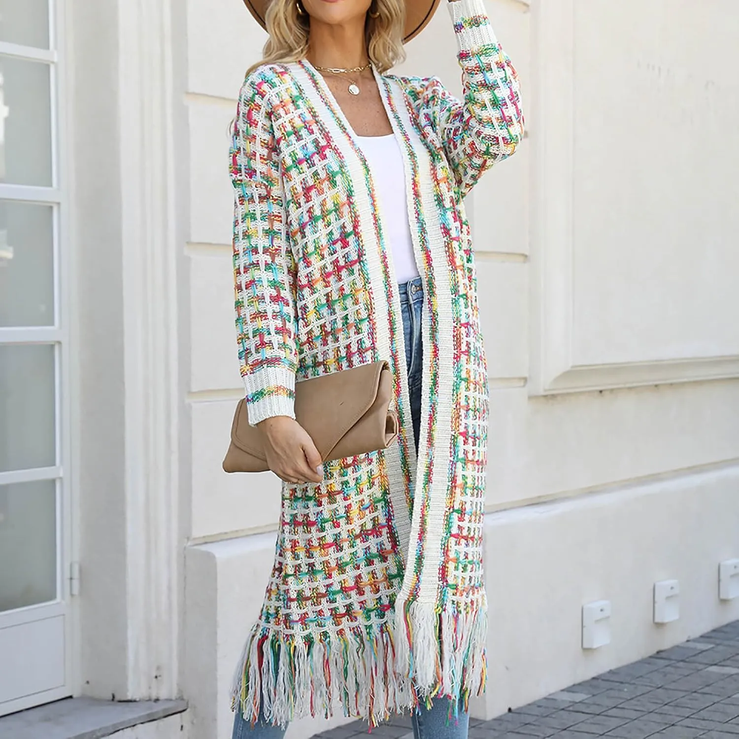 Boho Maxi Cardigan Sweater for Women Fringed Hem Open Front Rainbow Knitted Outwear Vintage Elegant Flowy Warm Coat