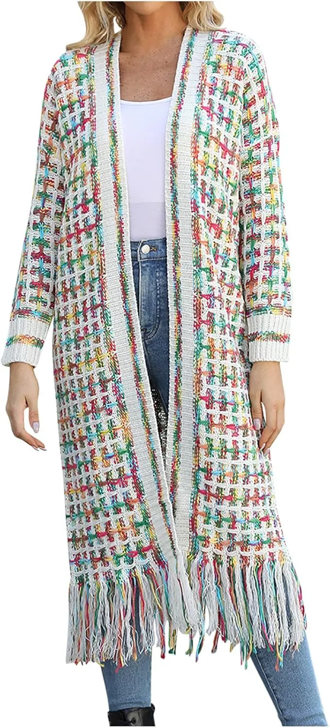 Boho Maxi Cardigan Sweater for Women Fringed Hem Open Front Rainbow Knitted Outwear Vintage Elegant Flowy Warm Coat