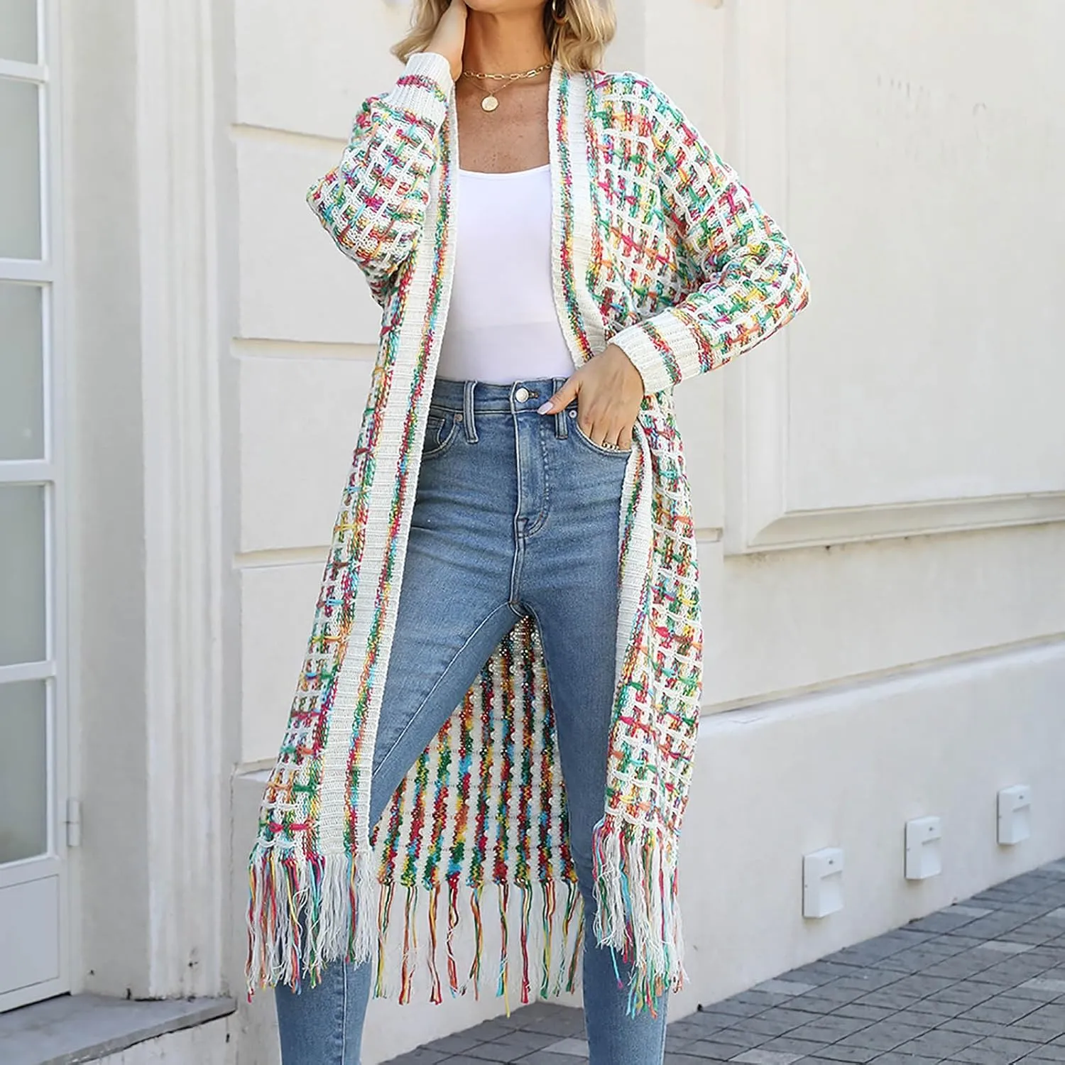 Boho Maxi Cardigan Sweater for Women Fringed Hem Open Front Rainbow Knitted Outwear Vintage Elegant Flowy Warm Coat