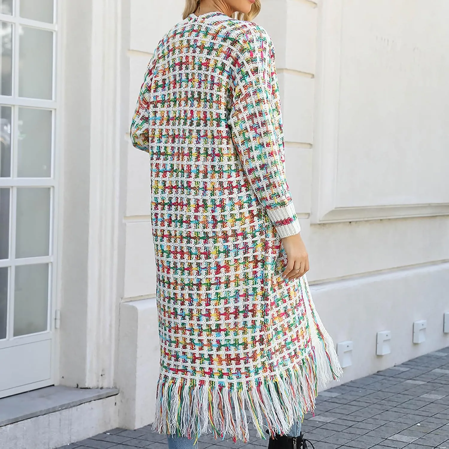 Boho Maxi Cardigan Sweater for Women Fringed Hem Open Front Rainbow Knitted Outwear Vintage Elegant Flowy Warm Coat