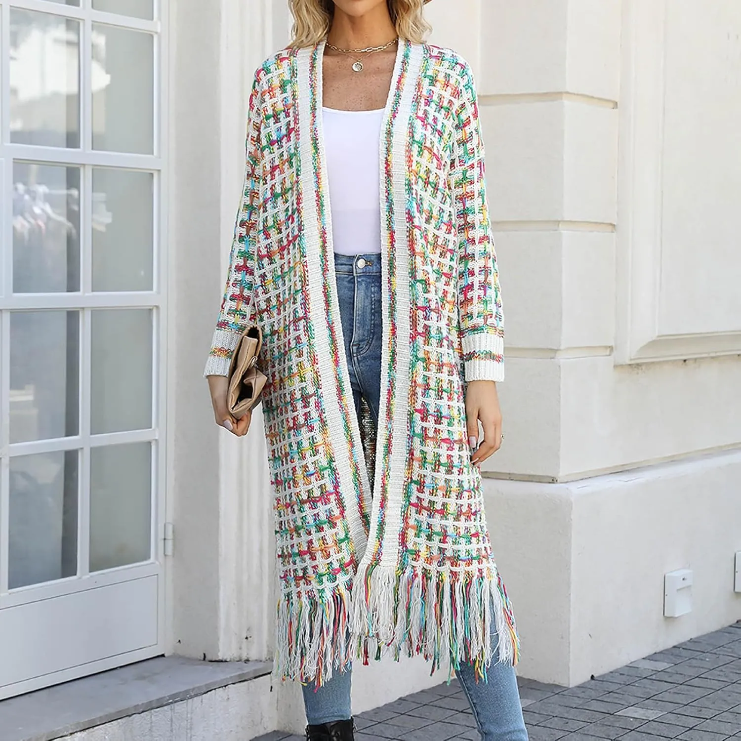 Boho Maxi Cardigan Sweater for Women Fringed Hem Open Front Rainbow Knitted Outwear Vintage Elegant Flowy Warm Coat