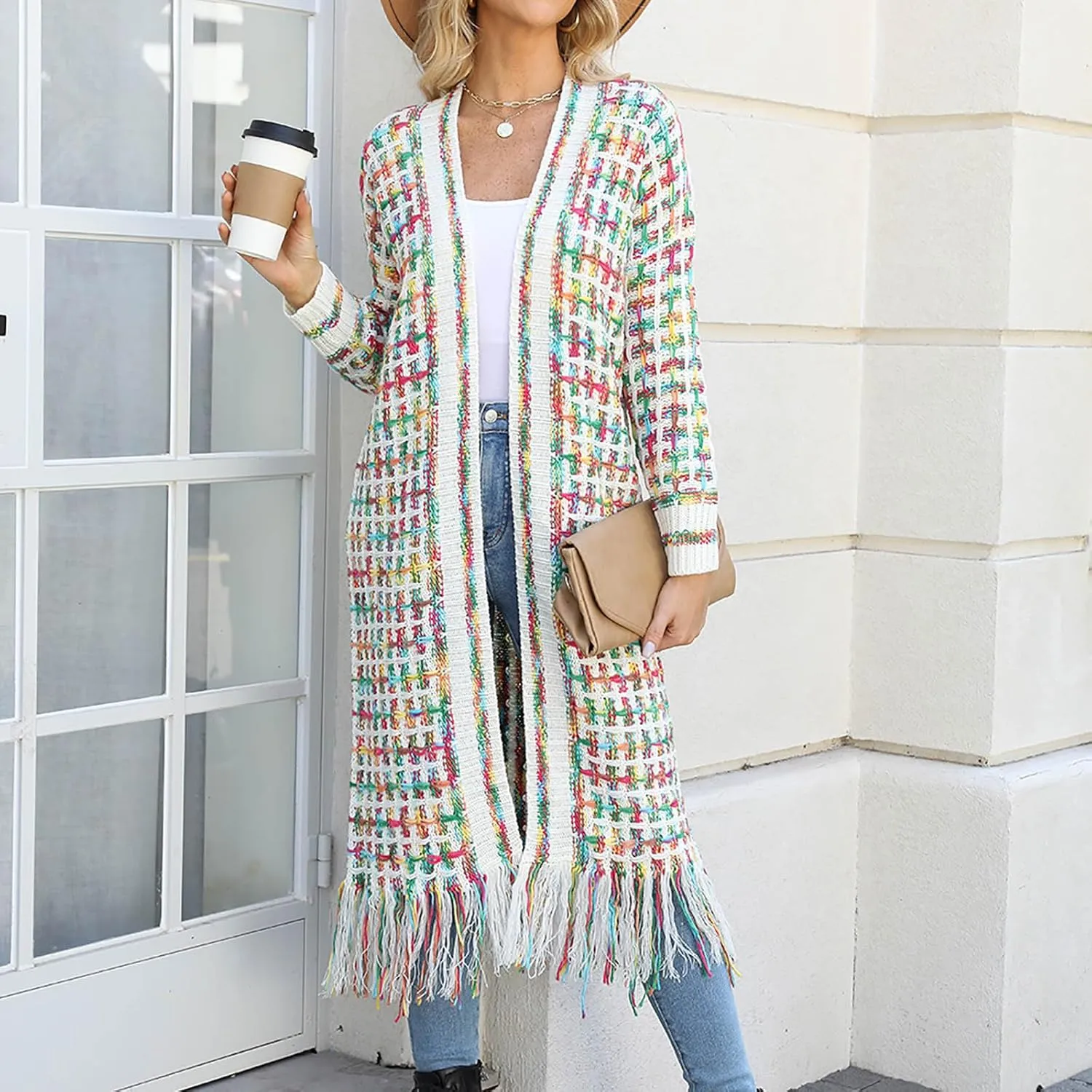 Boho Maxi Cardigan Sweater for Women Fringed Hem Open Front Rainbow Knitted Outwear Vintage Elegant Flowy Warm Coat