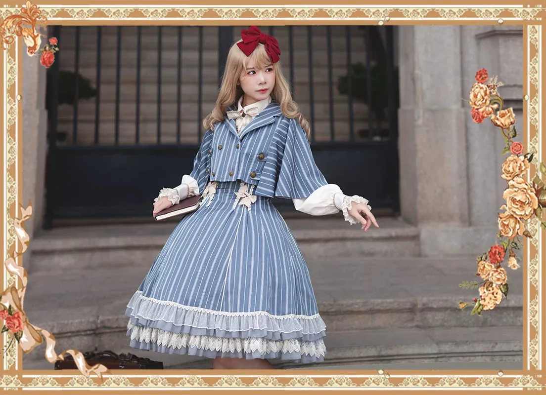 (Buy for me) Infanta~Elegant Lolita Stripe High-waist Jumper Dress Set and Cape