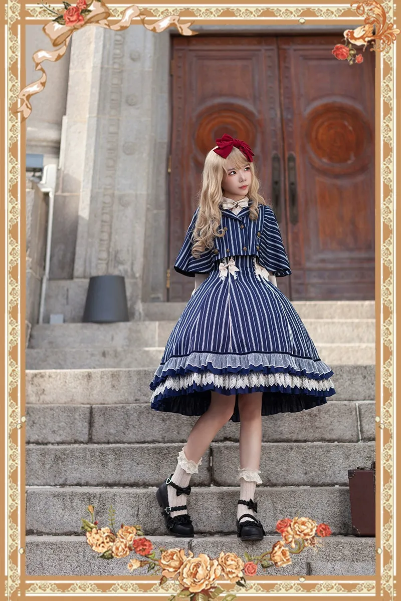 (Buy for me) Infanta~Elegant Lolita Stripe High-waist Jumper Dress Set and Cape
