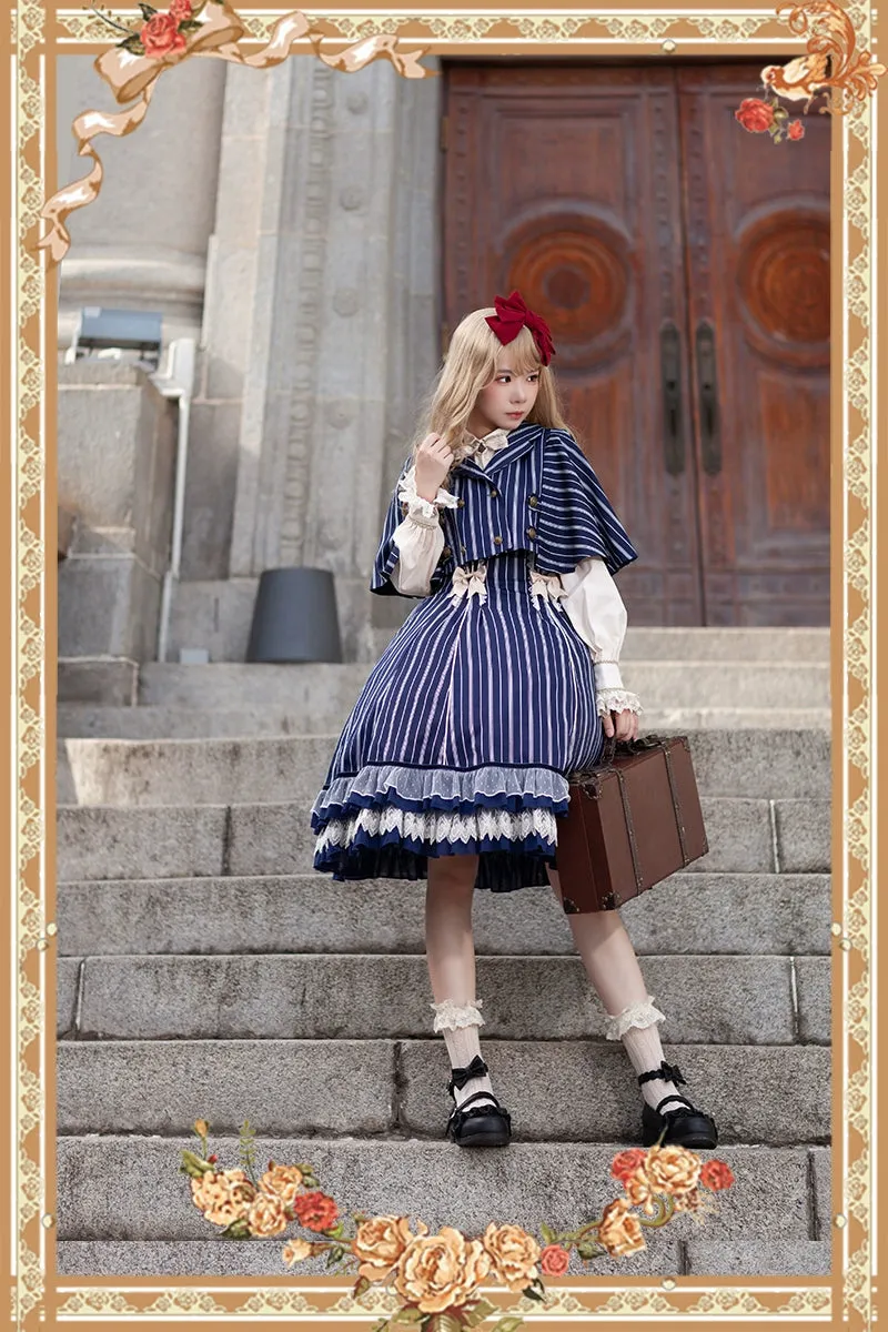 (Buy for me) Infanta~Elegant Lolita Stripe High-waist Jumper Dress Set and Cape