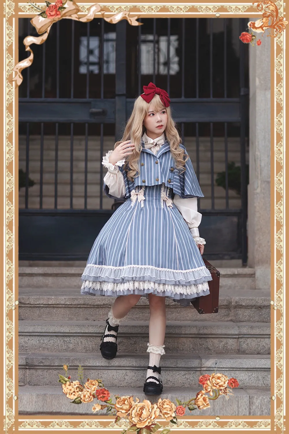 (Buy for me) Infanta~Elegant Lolita Stripe High-waist Jumper Dress Set and Cape