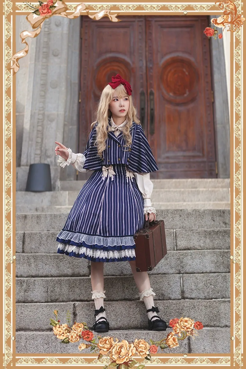 (Buy for me) Infanta~Elegant Lolita Stripe High-waist Jumper Dress Set and Cape