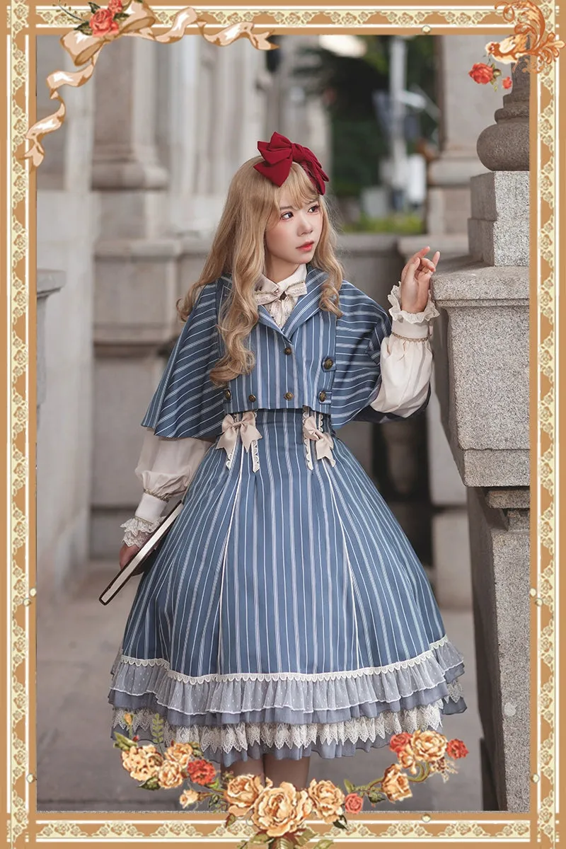 (Buy for me) Infanta~Elegant Lolita Stripe High-waist Jumper Dress Set and Cape