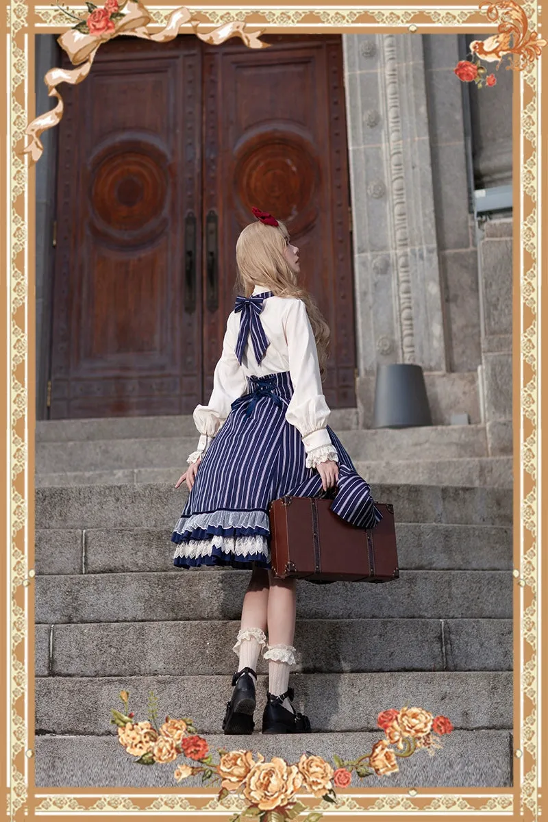 (Buy for me) Infanta~Elegant Lolita Stripe High-waist Jumper Dress Set and Cape