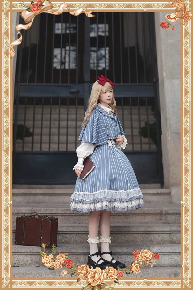 (Buy for me) Infanta~Elegant Lolita Stripe High-waist Jumper Dress Set and Cape