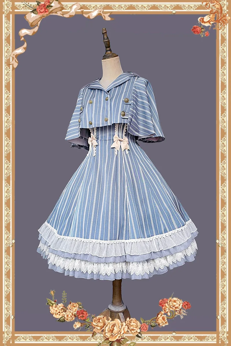 (Buy for me) Infanta~Elegant Lolita Stripe High-waist Jumper Dress Set and Cape