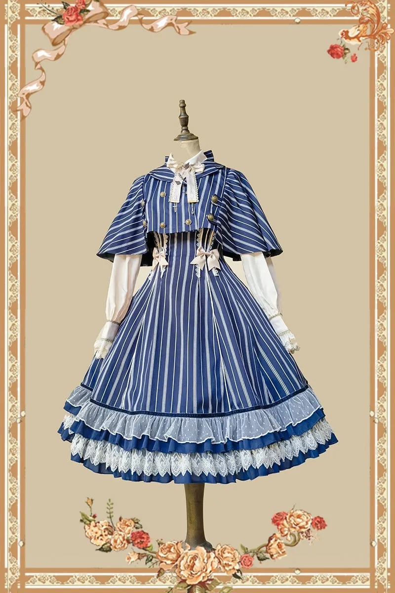 (Buy for me) Infanta~Elegant Lolita Stripe High-waist Jumper Dress Set and Cape