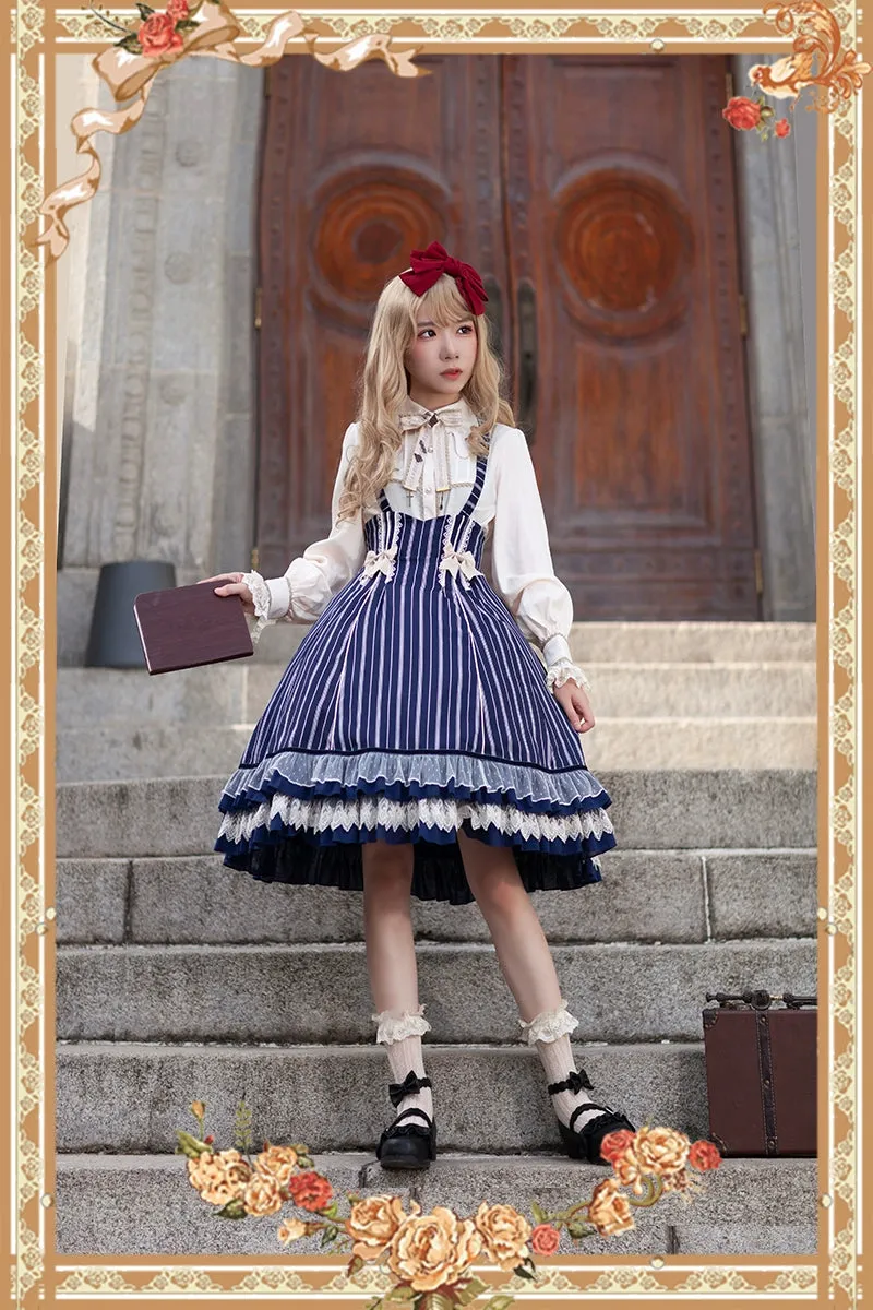 (Buy for me) Infanta~Elegant Lolita Stripe High-waist Jumper Dress Set and Cape