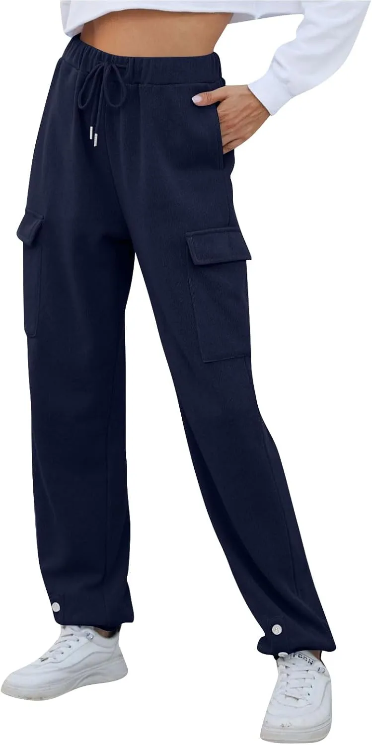 Cargo Sweatpants for Women High Waisted Fleece Lined Joggers with Pockets Elastic Drawstring Straight Leg Sweat Pants