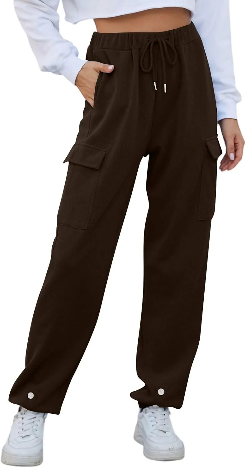 Cargo Sweatpants for Women High Waisted Fleece Lined Joggers with Pockets Elastic Drawstring Straight Leg Sweat Pants
