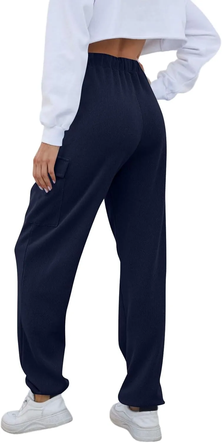 Cargo Sweatpants for Women High Waisted Fleece Lined Joggers with Pockets Elastic Drawstring Straight Leg Sweat Pants