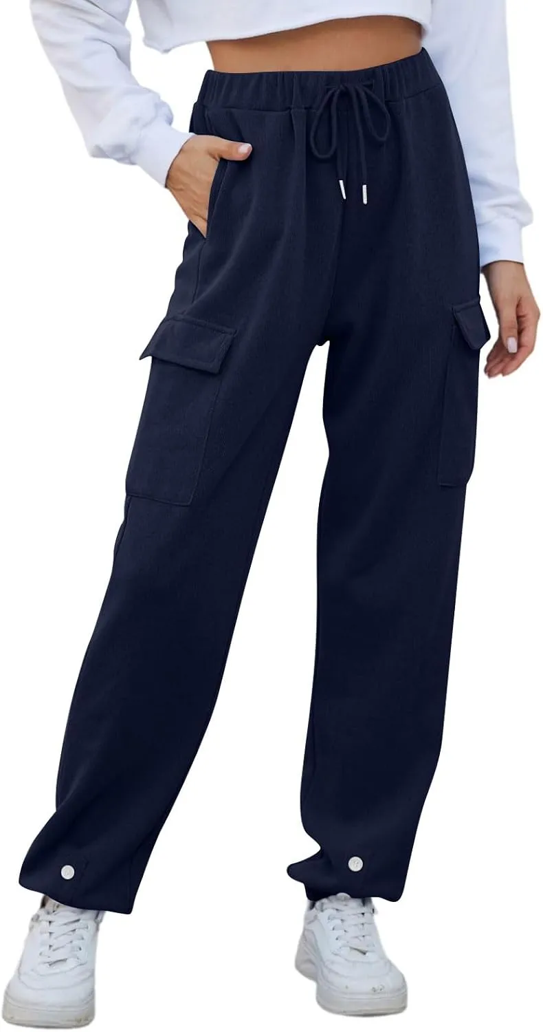 Cargo Sweatpants for Women High Waisted Fleece Lined Joggers with Pockets Elastic Drawstring Straight Leg Sweat Pants