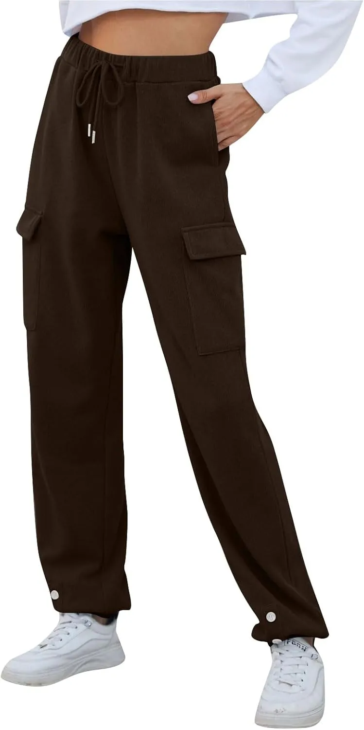 Cargo Sweatpants for Women High Waisted Fleece Lined Joggers with Pockets Elastic Drawstring Straight Leg Sweat Pants