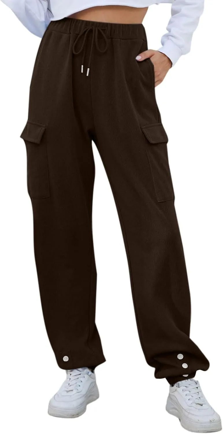 Cargo Sweatpants for Women High Waisted Fleece Lined Joggers with Pockets Elastic Drawstring Straight Leg Sweat Pants