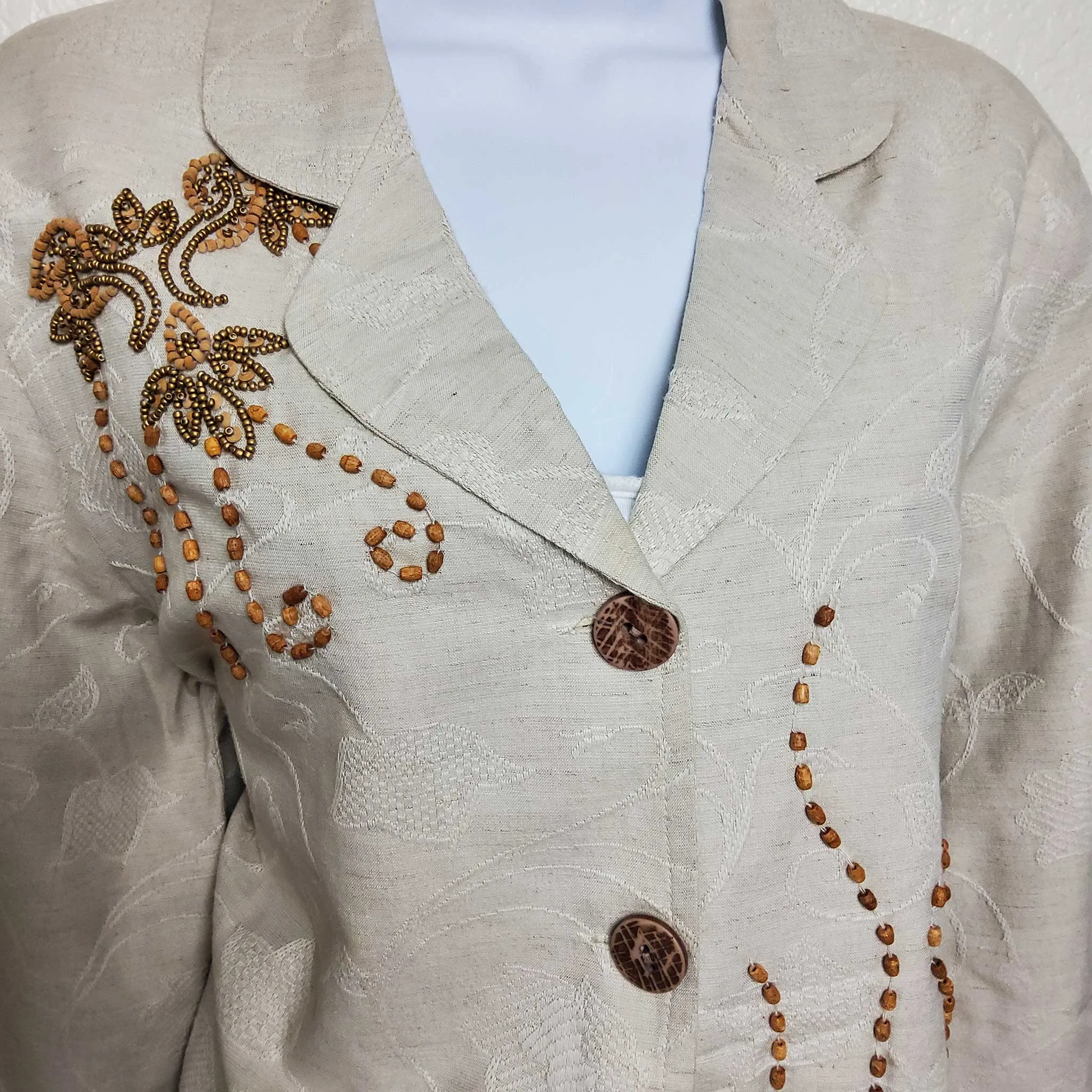 Coldwater Creek Cream Embroidered and Beaded Blazer, Women's Petite Large