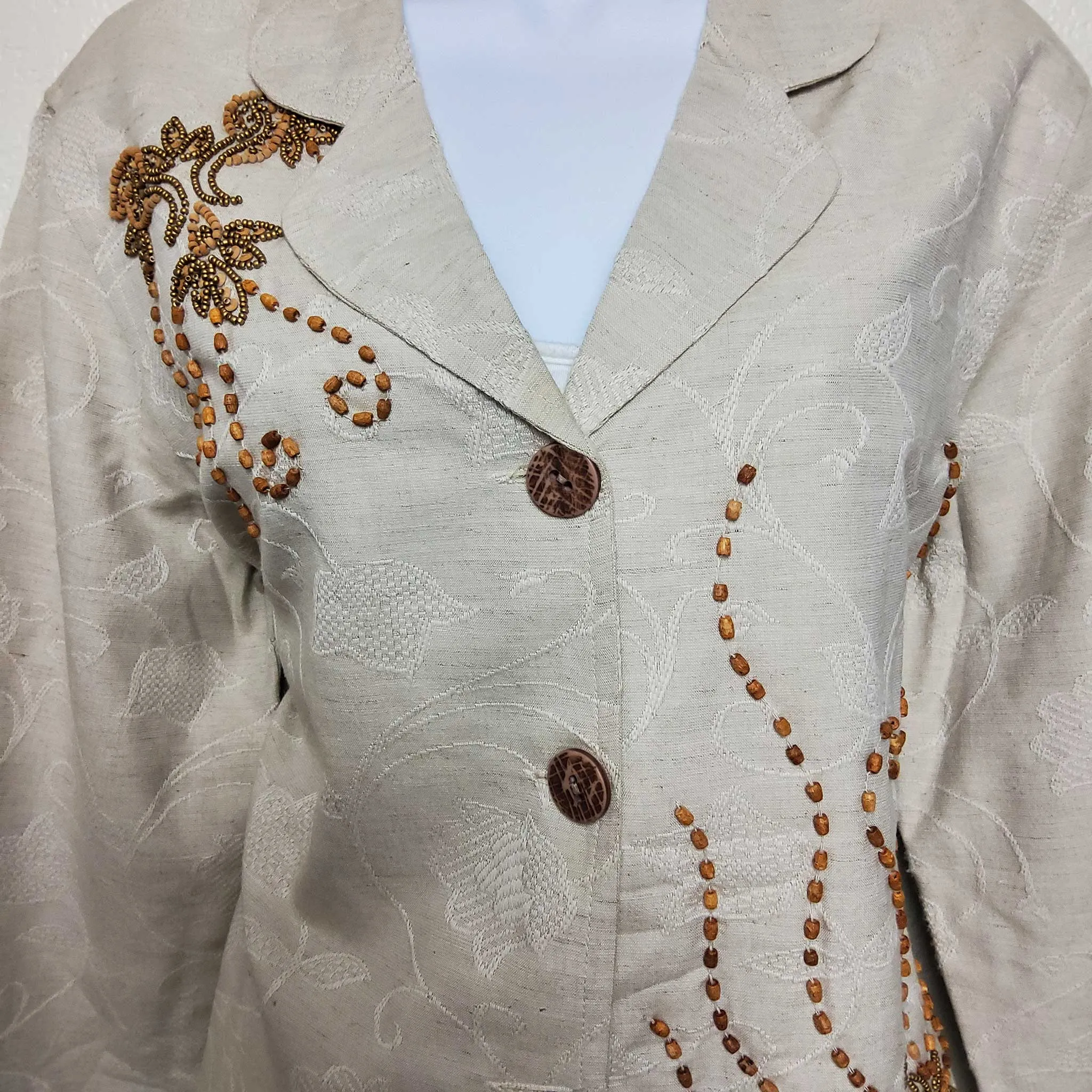 Coldwater Creek Cream Embroidered and Beaded Blazer, Women's Petite Large