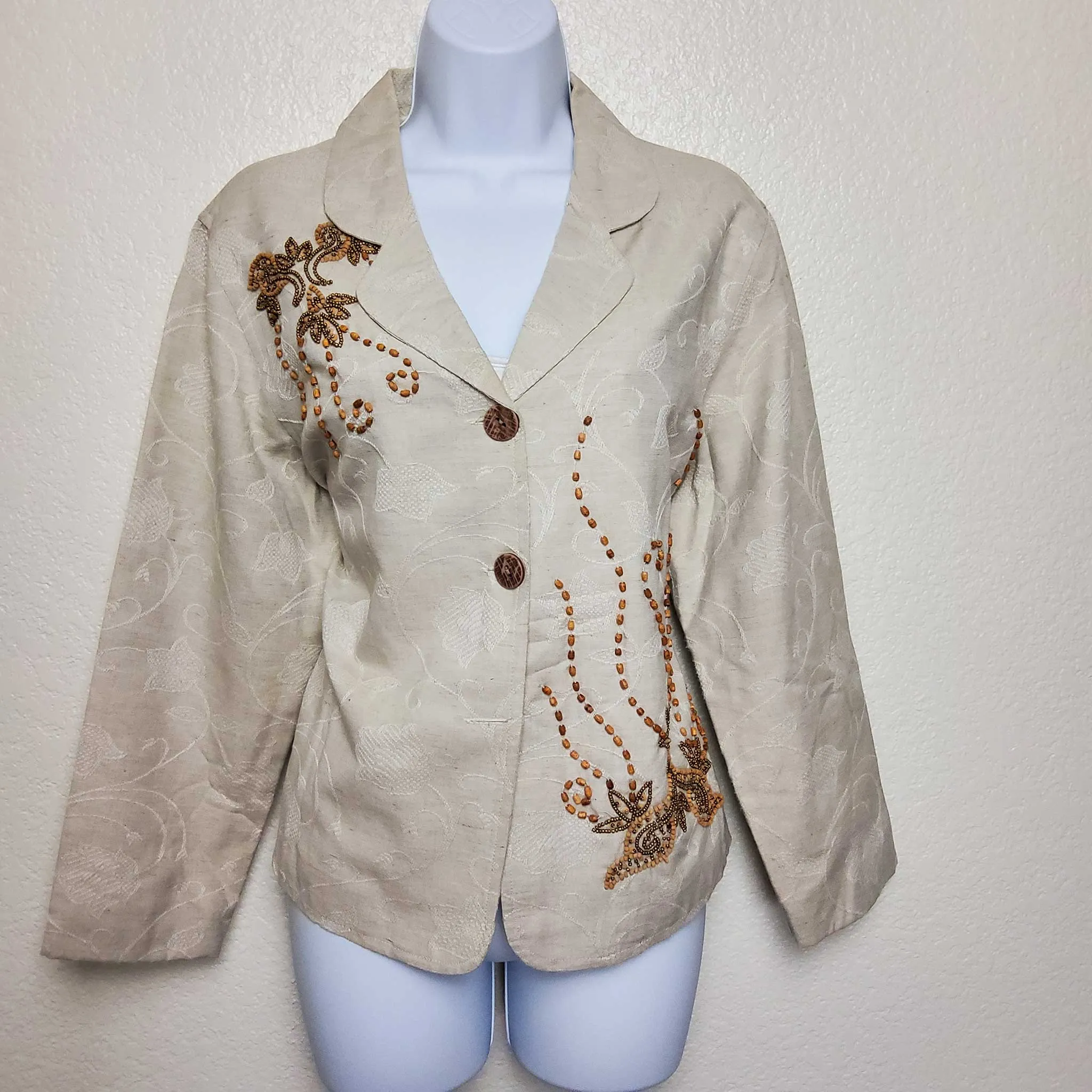 Coldwater Creek Cream Embroidered and Beaded Blazer, Women's Petite Large