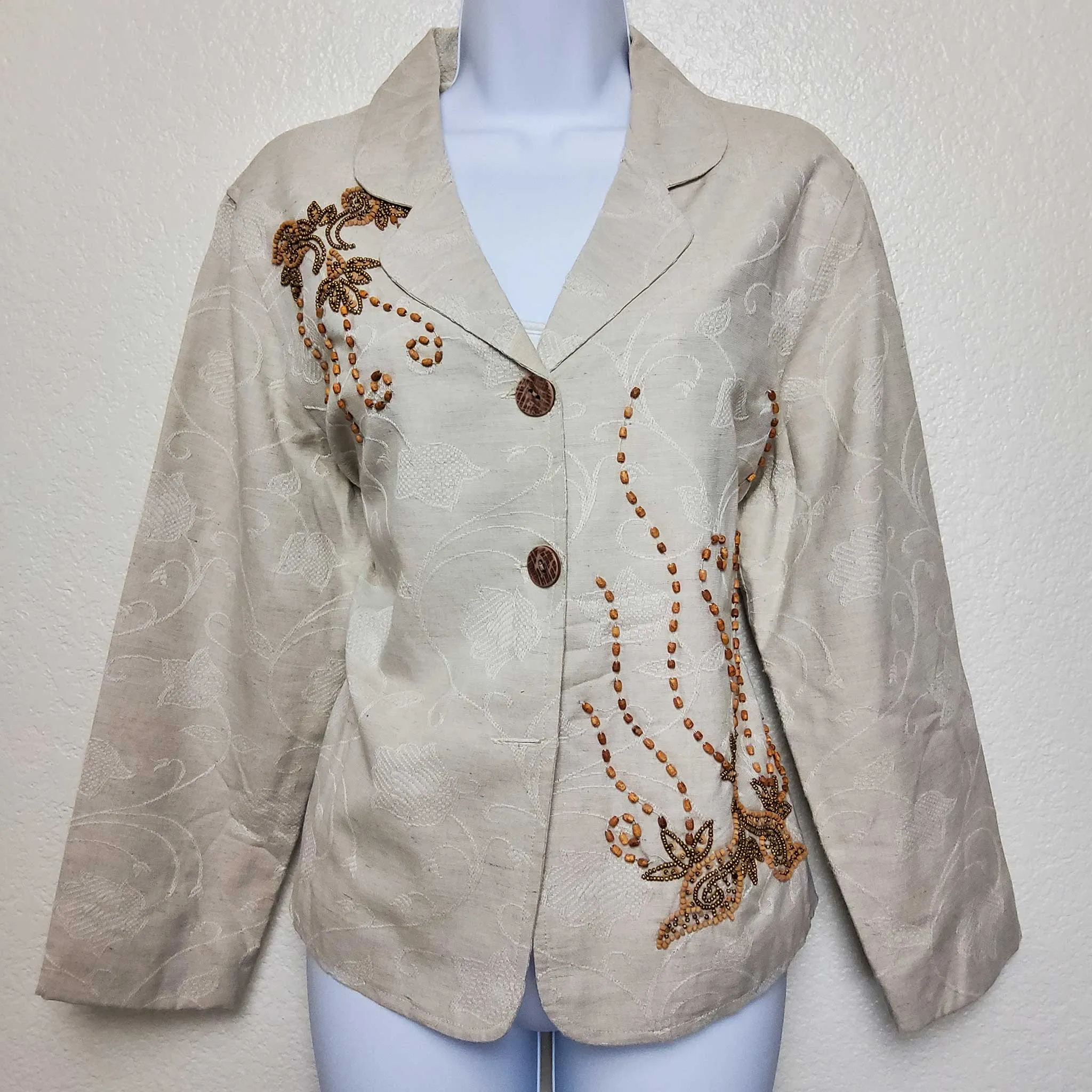 Coldwater Creek Cream Embroidered and Beaded Blazer, Women's Petite Large