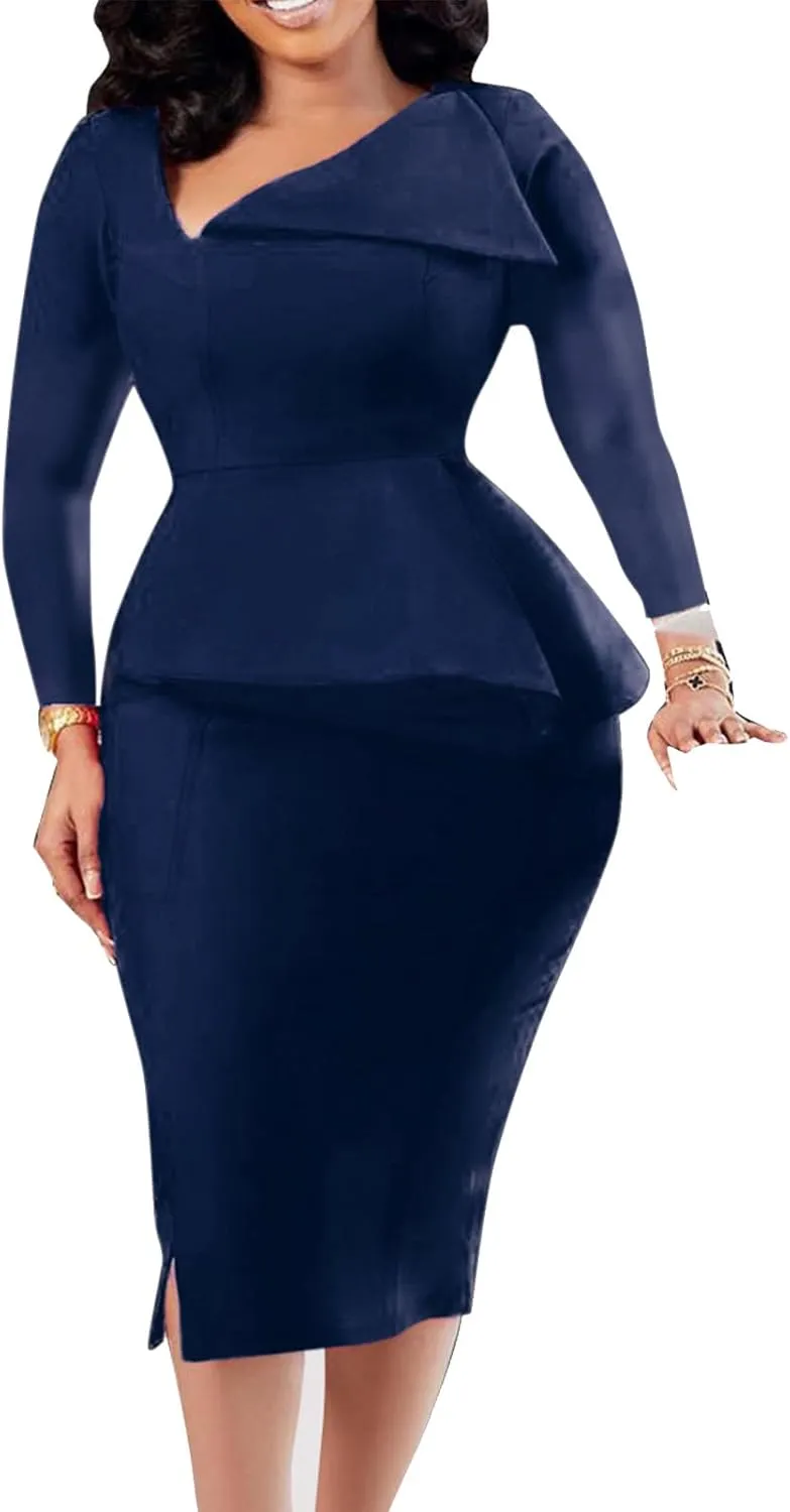 Cololura Women Elegant Long Sleeve Peplum Work Office Bodycon Evening Formal Dress Church Pencil Dress