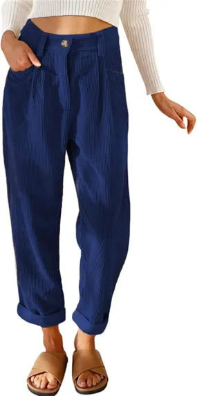 Corduroy Pants for Women High Waisted Tapered Work Pull Straight Leg Slacks Trousers with Pocket Vintage with Buttons