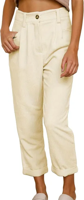 Corduroy Pants for Women High Waisted Tapered Work Pull Straight Leg Slacks Trousers with Pocket Vintage with Buttons