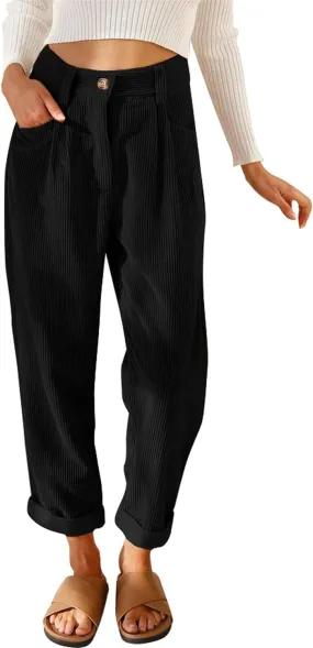 Corduroy Pants for Women High Waisted Tapered Work Pull Straight Leg Slacks Trousers with Pocket Vintage with Buttons