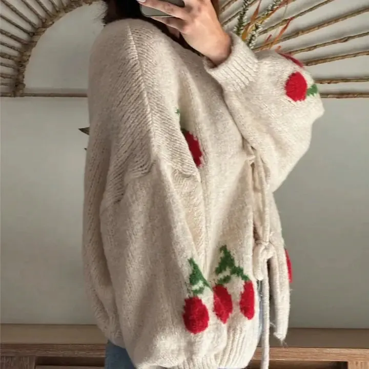 Cozy Chunky Cherry Bow Tie Cardigan