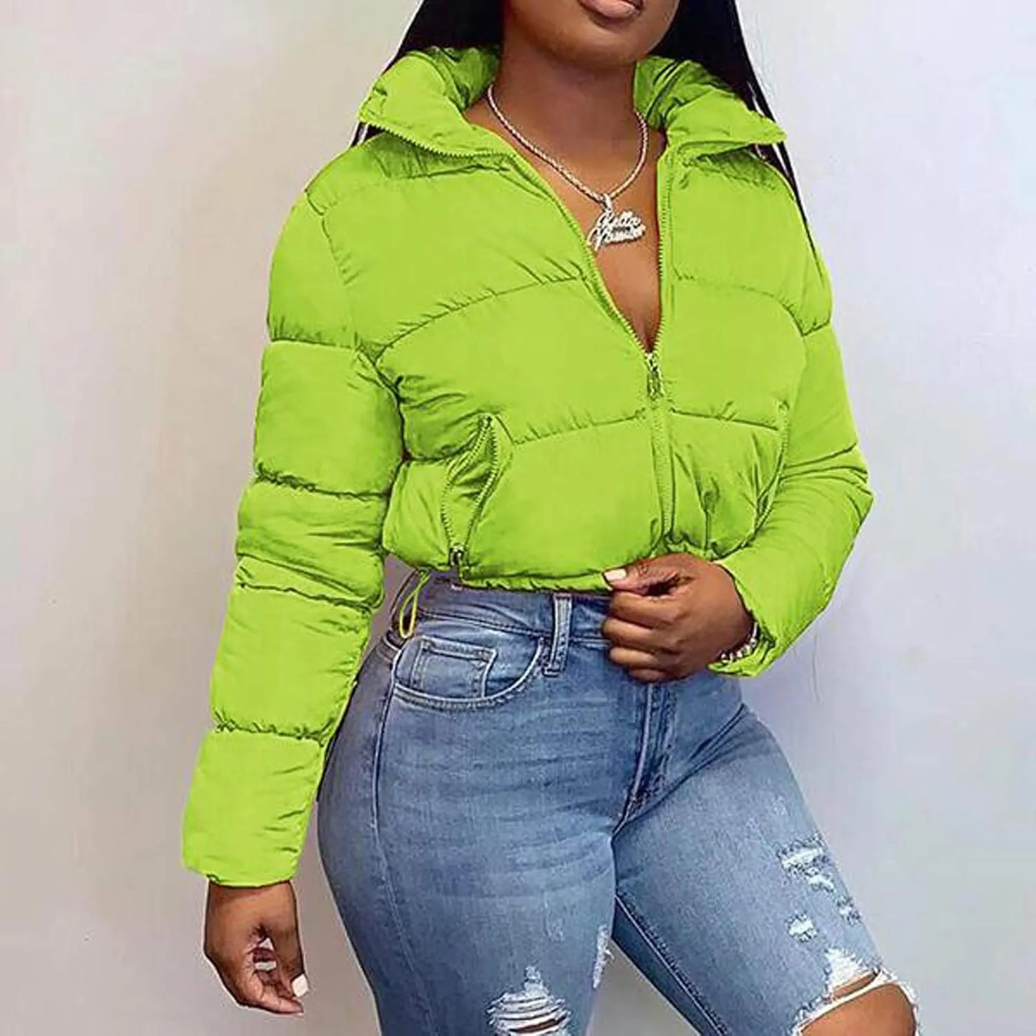 DASAYO Women's Stand Neck Puffy Quilted Jacket Thicken Bubble Puffer Padded Full Zip Waist Drawcord Short Down Coats