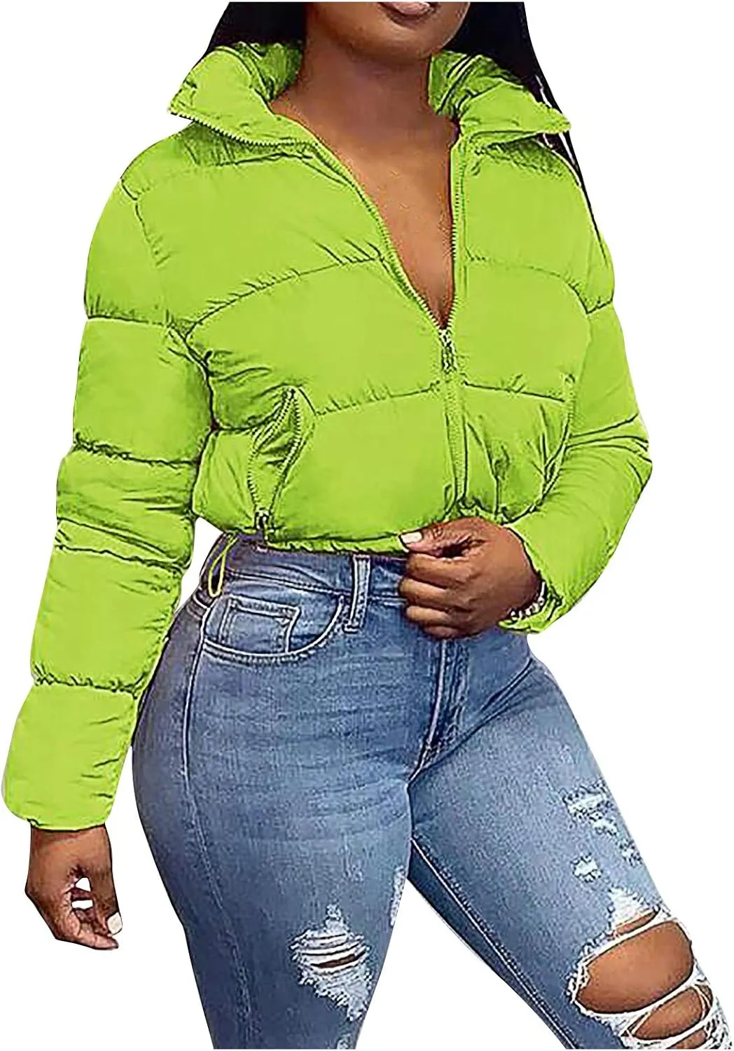DASAYO Women's Stand Neck Puffy Quilted Jacket Thicken Bubble Puffer Padded Full Zip Waist Drawcord Short Down Coats