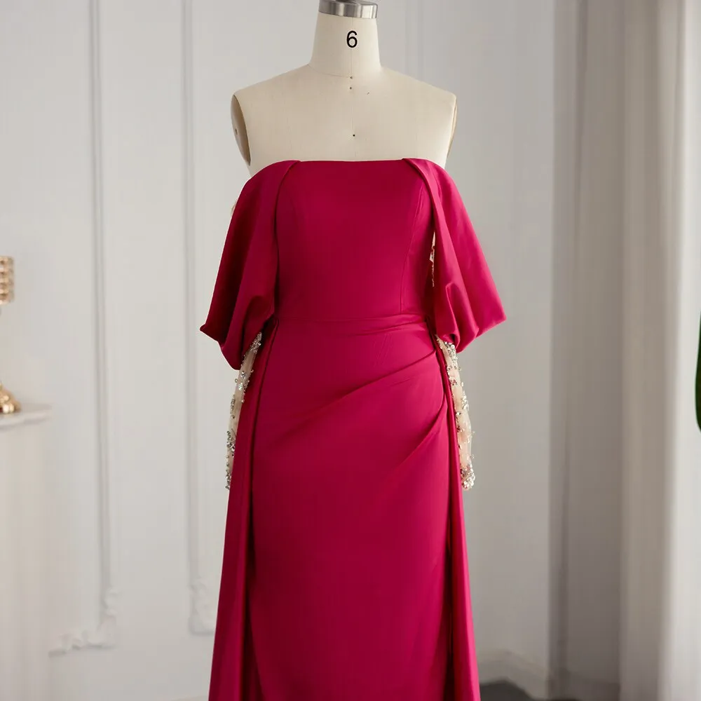 Elegant Off Shoulder Fuchsia Evening Dress with Sleeves SS332